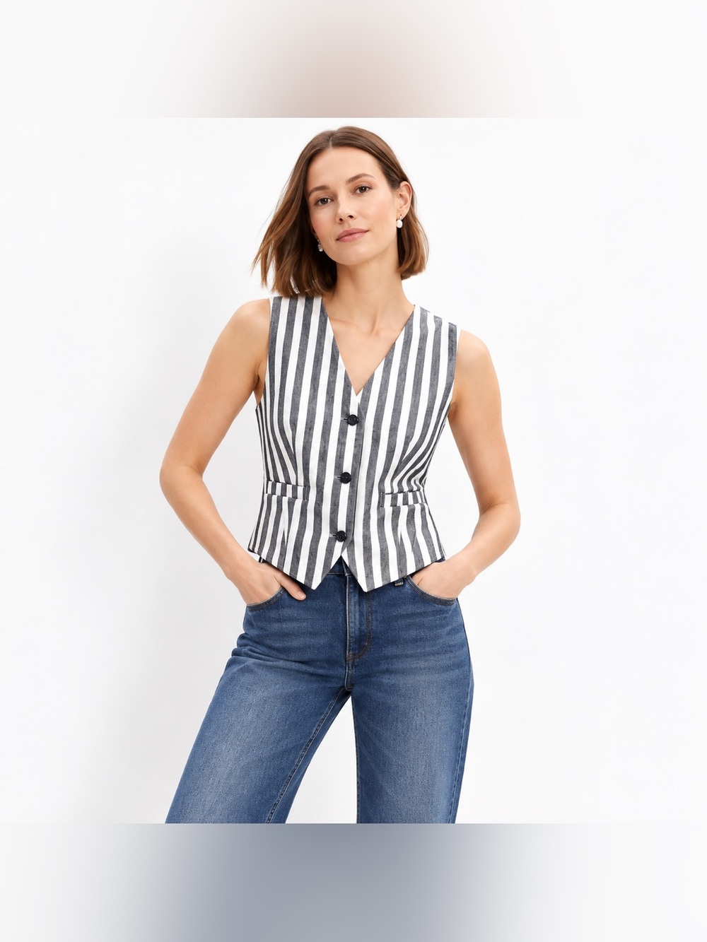 Loft Vest Jacket Womens Small Navy White Sailor Striped Cotton